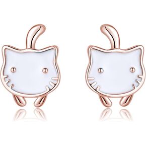 SLUYNZ 925 Sterling Silver Cute Cat Studs Earrings for Women Teens White Cat Earrings Studs Cat Gift for Cat Lovers