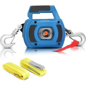 Portable Drill Winch of 1500 LB, Blue Handheld Drill Winch with 40 Foot Synthetic Rope, Rotate The Hook 360 Degrees, for Lifting & Dragging (Down Strap with D Rings)