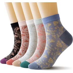 Women's Ankle Socks,Cute,Floral Patterned,Comfortable Cotton,Thin Casual Novelty Dress Vintage Fancy Socks 5 Pack(Size5-9)