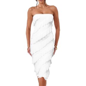 HOCILLE Women's Sexy Strapless Tube Top Bodycon Sleeveless Ruffle Midi Party Cocktail Dress