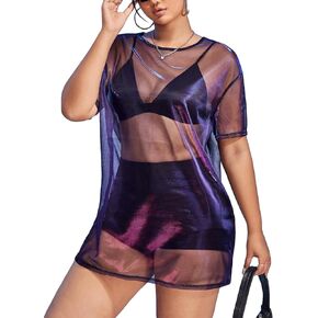SHENHE Women's Plus Size Sexy See Through Mesh Short Sleeve Party Night Loose Tshirt Dress