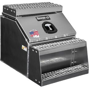 Buyers Products 1705286 Silver Smooth Aluminum WideOpen Class 8 Saddle Step Box, 28.5 x 22.25 x 23.3 Inch, Frame Steps with Side Storage, Locking Die-cast Compression Latch, Semi-Truck Tool Box