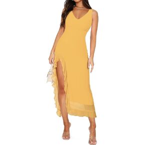 Lingswallow Women‘s Sexy V Neck Sleeveless Mesh Ruffle Hem Long Dress Bodycon Midi Elegant High Slit Cocktail Party Wedding