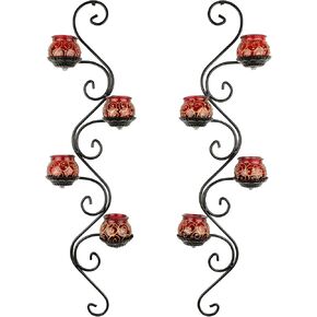 مجموعة شمعدان جدار ريفي مزخرفة من 2 ، حاملي شمعة Tealight المطلية باليد ، إطار من الحديد المطاوع والزجاج الملون ، الأحمر