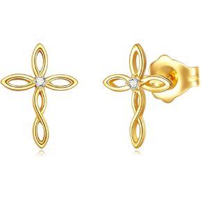 Dovran 14K Solid Gold Cross Stud أقراط للنساء - الذهب الأصفر المجوهرات الصغيرة الصليب - هدية عيد ميلاد