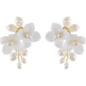 Handcraft White Ceramic Flower Pearl Stud Drop Earrings - Elegant Wedding and Prom Accessories - Post Earrings Jewelry for Brides and Women - Perfect for Special Occasions