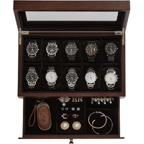 Watch Box for Men, 10 Slot Wooden Watch Case with Glass Lid, 2-Layer Jewelry Organizer with Drawer, Removable Pillows, Velvet Interior, Father's Day Gifts