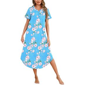 Marvmys Women Nightgown Sexy Long Nightshirt Short Sleeve Full Length Sleepwear Sleep Shirt for Women S-3XL