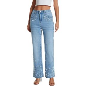 Kedera Womens High Waisted Rhinestone Jeans Casual Straight Wide Leg Bling Sparkly Pants Diamond Denim Jean Trousers