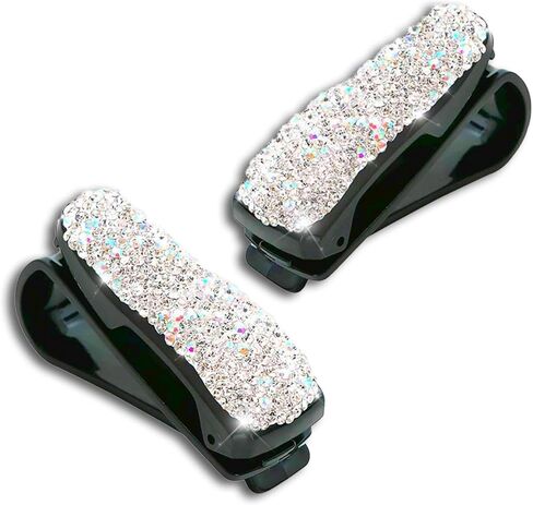 2 PCS Bling Sunglasses Holders for Car Sun Visor ، Bling Crystal نظارات شمسية ، مقطع بطاقة أزياء Classe Eyeglasses Mount for Women Girls (White) in Kuwait