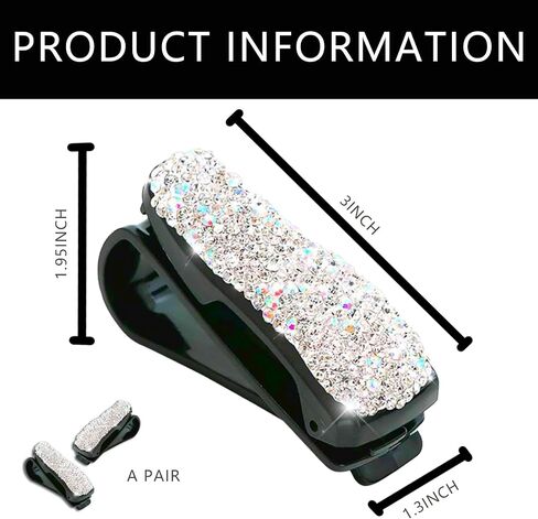 2 PCS Bling Sunglasses Holders for Car Sun Visor ، Bling Crystal نظارات شمسية ، مقطع بطاقة أزياء Classe Eyeglasses Mount for Women Girls (White) in Kuwait