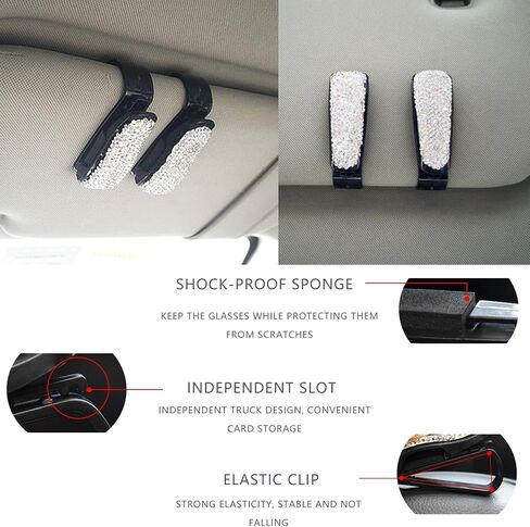 2 PCS Bling Sunglasses Holders for Car Sun Visor ، Bling Crystal نظارات شمسية ، مقطع بطاقة أزياء Classe Eyeglasses Mount for Women Girls (White) in Kuwait