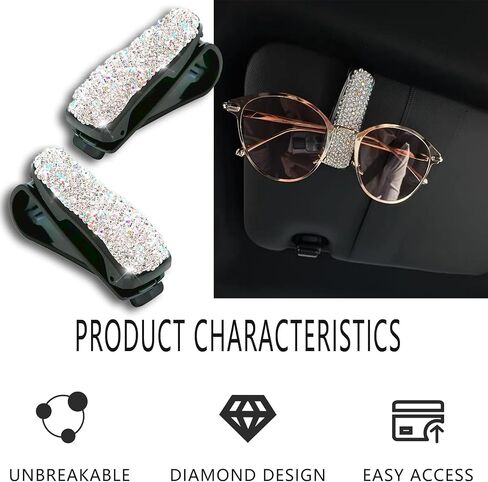 2 PCS Bling Sunglasses Holders for Car Sun Visor ، Bling Crystal نظارات شمسية ، مقطع بطاقة أزياء Classe Eyeglasses Mount for Women Girls (White) in Kuwait