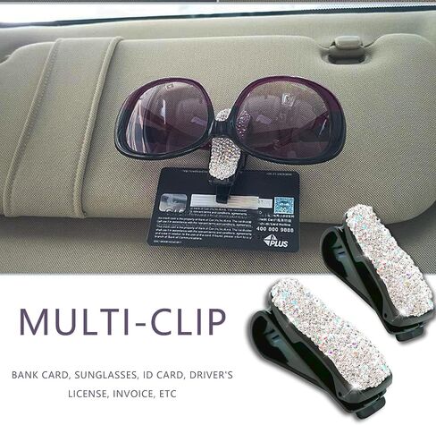 2 PCS Bling Sunglasses Holders for Car Sun Visor ، Bling Crystal نظارات شمسية ، مقطع بطاقة أزياء Classe Eyeglasses Mount for Women Girls (White) in Kuwait