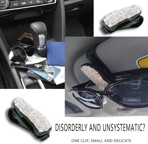 2 PCS Bling Sunglasses Holders for Car Sun Visor ، Bling Crystal نظارات شمسية ، مقطع بطاقة أزياء Classe Eyeglasses Mount for Women Girls (White) in Kuwait