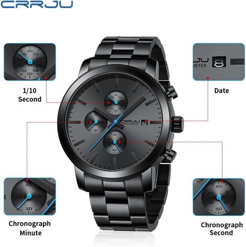 Crrju Mens أنيقة الساعات الكوارتز غير الرسمية للرجال التقويم المقاوم للماء الفاخرة كرونوغرافين اليابان مراعات الحركة in Kuwait