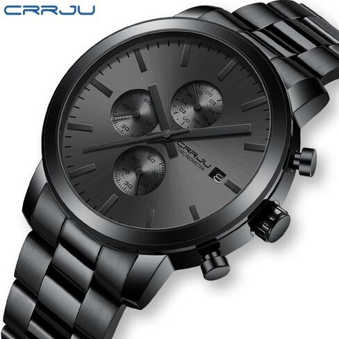 Crrju Mens أنيقة الساعات الكوارتز غير الرسمية للرجال التقويم المقاوم للماء الفاخرة كرونوغرافين اليابان مراعات الحركة in Kuwait