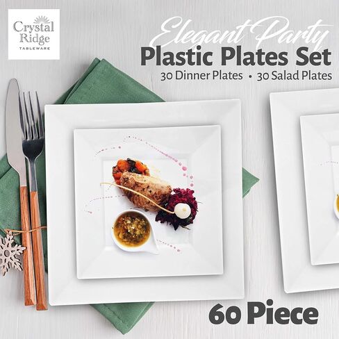 60-Piece Plastic Plates Set Premium 30 Dinner Plates & 30 Salad Plates Pack, Disposable Plates for Party - White Plastic Wedding Plates with Silver Rim in Saudi Arabia