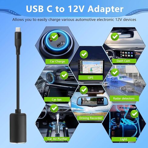 CERRXIAN PD 12V USB-C to Car Cigarette Lighter Adapter, 36W PD Fast Charger Cable for Dash Cam, GPS, Radar Detector, Car LED Strip & 12V Devices - 1 ft / 0.3m in Saudi Arabia