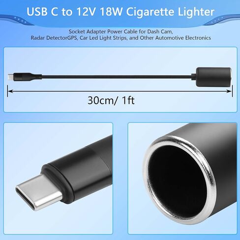 CERRXIAN PD 12V USB-C to Car Cigarette Lighter Adapter, 36W PD Fast Charger Cable for Dash Cam, GPS, Radar Detector, Car LED Strip & 12V Devices - 1 ft / 0.3m in Saudi Arabia
