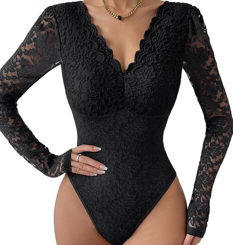 SHEKINI Women Long Sleeve Bodysuit V Neck Shapewear Lace Body Suits One Piece Leotard Shirt Going Out Tops Outfits in Saudi Arabia