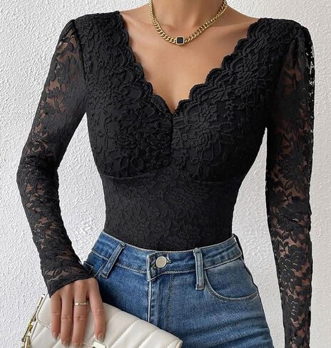 SHEKINI Women Long Sleeve Bodysuit V Neck Shapewear Lace Body Suits One Piece Leotard Shirt Going Out Tops Outfits in Saudi Arabia