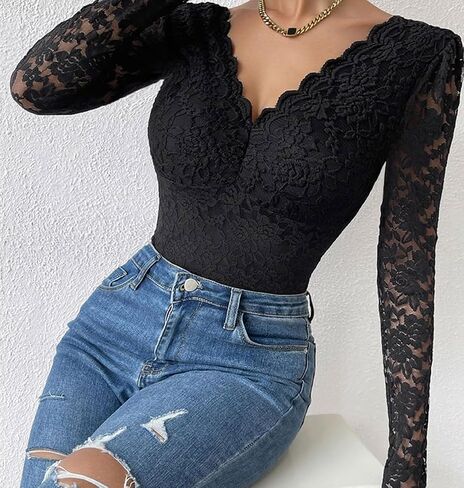 SHEKINI Women Long Sleeve Bodysuit V Neck Shapewear Lace Body Suits One Piece Leotard Shirt Going Out Tops Outfits in Saudi Arabia