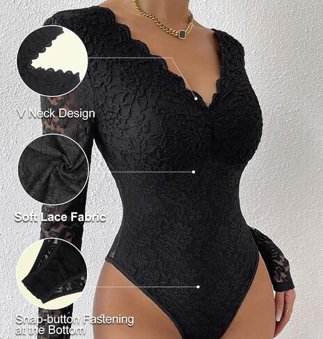 SHEKINI Women Long Sleeve Bodysuit V Neck Shapewear Lace Body Suits One Piece Leotard Shirt Going Out Tops Outfits in Saudi Arabia