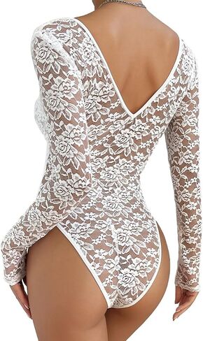 SHEKINI Women Long Sleeve Bodysuit V Neck Shapewear Lace Body Suits One Piece Leotard Shirt Going Out Tops Outfits in Saudi Arabia