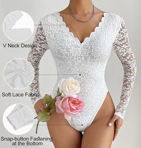 SHEKINI Women Long Sleeve Bodysuit V Neck Shapewear Lace Body Suits One Piece Leotard Shirt Going Out Tops Outfits in Saudi Arabia