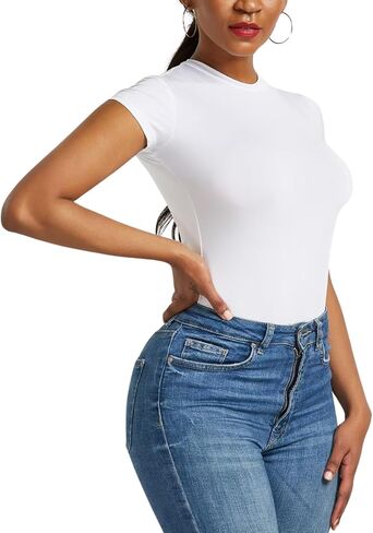 Womens Crew Neck Fitted Shirt Short Sleeve Thong Slim Fit Summer Basic Y2K Bodysuit Tops for Mother's Day Party in Kuwait