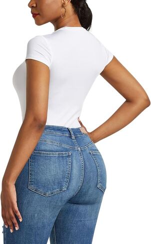 Womens Crew Neck Fitted Shirt Short Sleeve Thong Slim Fit Summer Basic Y2K Bodysuit Tops for Mother's Day Party in Kuwait
