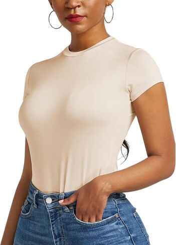 Womens Crew Neck Fitted Shirt Short Sleeve Thong Slim Fit Summer Basic Y2K Bodysuit Tops for Mother's Day Party in Kuwait