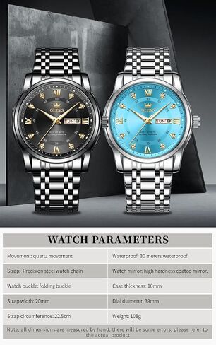 OLEVS Men Watch Blue Gold Analog Quartz Stainless Steel Waterproof Luminous Date Luxury Casual Watch in Kuwait