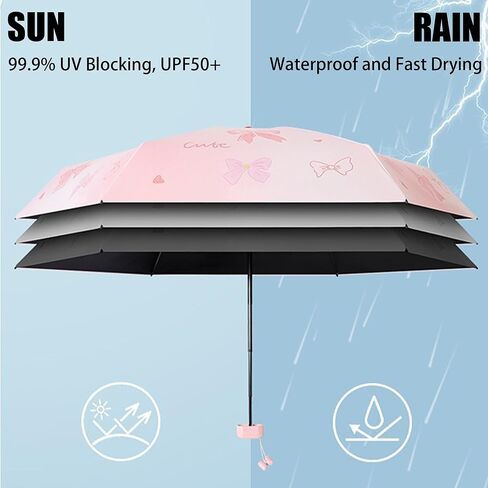 Mini Travel Folding Umbrella - Small Compact Sun Retractable Umbrella with Case, Lightweight Portable UPF 50+ Rain UV Protection Windproof Parasol for Pocket Backpack Women Girls Lady in Saudi Arabia