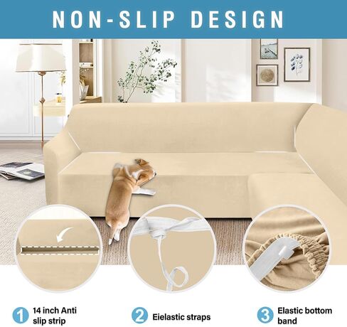HDCAXKJ Corner Sectional Couch Covers Velvet Stretch L Shape Sofa Cover Soft Thick Sectional Slipcovers Set U Shaped Living Room Non Slip Magic Furniture Protector for Pet Dogs (Oatmeal, X-Large) in Kuwait