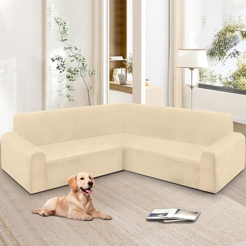 HDCAXKJ Corner Sectional Couch Covers Velvet Stretch L Shape Sofa Cover Soft Thick Sectional Slipcovers Set U Shaped Living Room Non Slip Magic Furniture Protector for Pet Dogs (Oatmeal, X-Large) in Kuwait