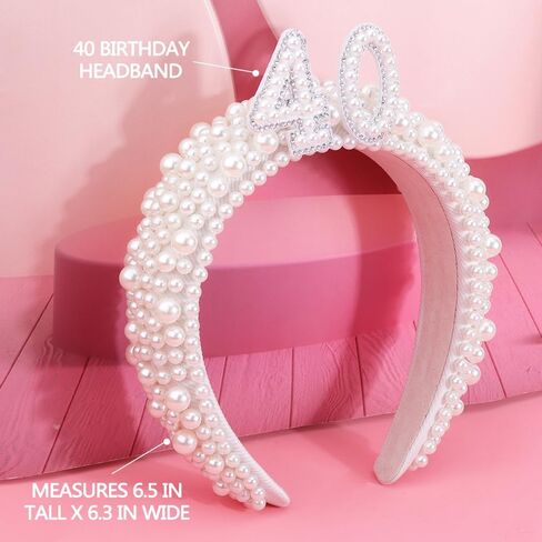TOBATOBA 40th Birthday Crown Headband - Pearl Headband with 40 Letters for Women's 40th Birthday Dress Outfit and Decorations in Saudi Arabia