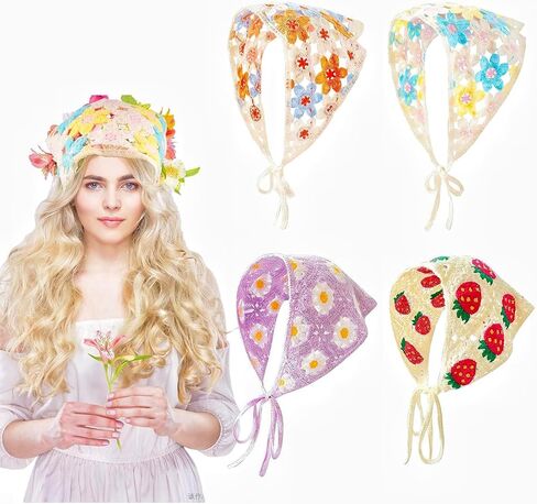 4 PCS Crochet Headbands & Knitted Bandanas for Women Girls - Floral Daisy and Strawberry Hair Accessories, Cute Boho Head Scarf Headwrap (White, Purple) in Saudi Arabia