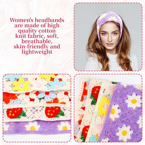 4 PCS Crochet Headbands & Knitted Bandanas for Women Girls - Floral Daisy and Strawberry Hair Accessories, Cute Boho Head Scarf Headwrap (White, Purple) in Saudi Arabia