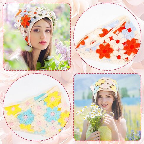 4 PCS Crochet Headbands & Knitted Bandanas for Women Girls - Floral Daisy and Strawberry Hair Accessories, Cute Boho Head Scarf Headwrap (White, Purple) in Saudi Arabia