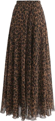GORGLITTER Women's Plus Leopard Animal Print Long Skirts Y2k Cheetah Flare Chiffon Maxi Skirt Trendy Fall in Kuwait