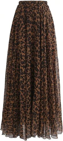 GORGLITTER Women's Plus Leopard Animal Print Long Skirts Y2k Cheetah Flare Chiffon Maxi Skirt Trendy Fall in Kuwait