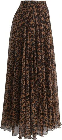 GORGLITTER Women's Plus Leopard Animal Print Long Skirts Y2k Cheetah Flare Chiffon Maxi Skirt Trendy Fall in Kuwait
