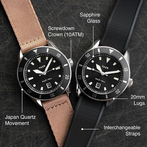 Vaer DS2 Quartz Dive Watch for Men - Ocean Ready 15 ATM, 39mm, Battery-Powered, Sapphire Crystal (+/- 20 Seconds per Month), Two Quick-Change 20mm Straps - Gift Set for Men - Gifts for Dad - 39mm in Kuwait