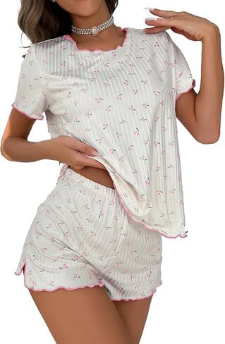 SOLY HUX Pajama Set for Women Cute Print Short Sleeve Tee and Shorts Lounge Sleepwear in Saudi Arabia