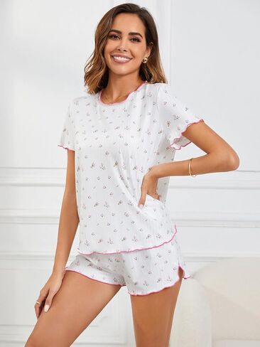 SOLY HUX Pajama Set for Women Cute Print Short Sleeve Tee and Shorts Lounge Sleepwear in Saudi Arabia