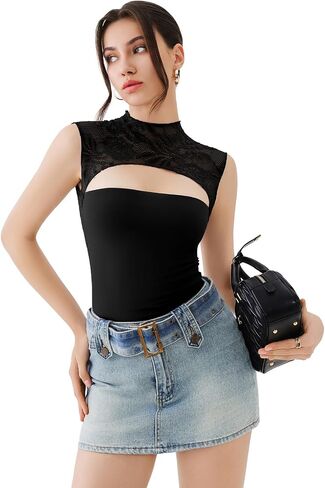 REORIA Women's Sexy Cutout Lace Flower High Neck Sleeveless Slim Y2K Going Out Crop Tank Tops in Saudi Arabia