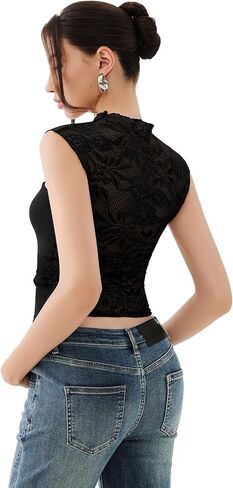 REORIA Women's Sexy Cutout Lace Flower High Neck Sleeveless Slim Y2K Going Out Crop Tank Tops in Saudi Arabia