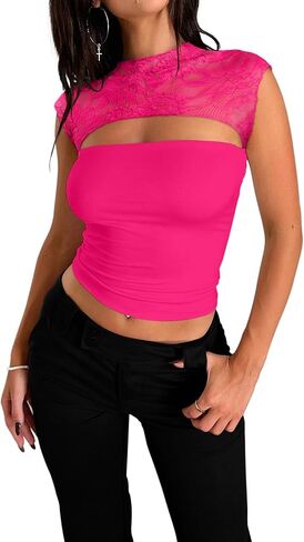 REORIA Women's Sexy Cutout Lace Flower High Neck Sleeveless Slim Y2K Going Out Crop Tank Tops in Saudi Arabia